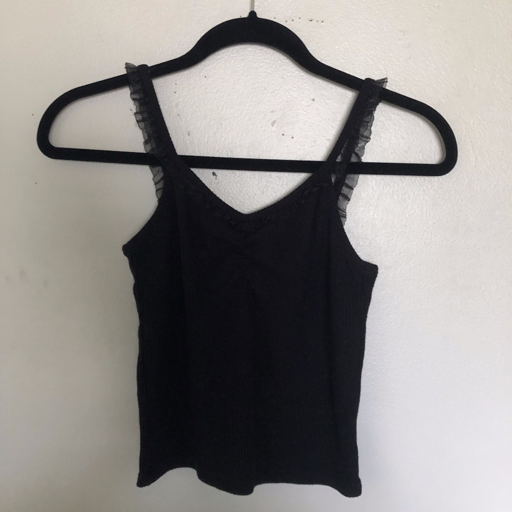 Frilly Ruched V-Neck Black Tank Top